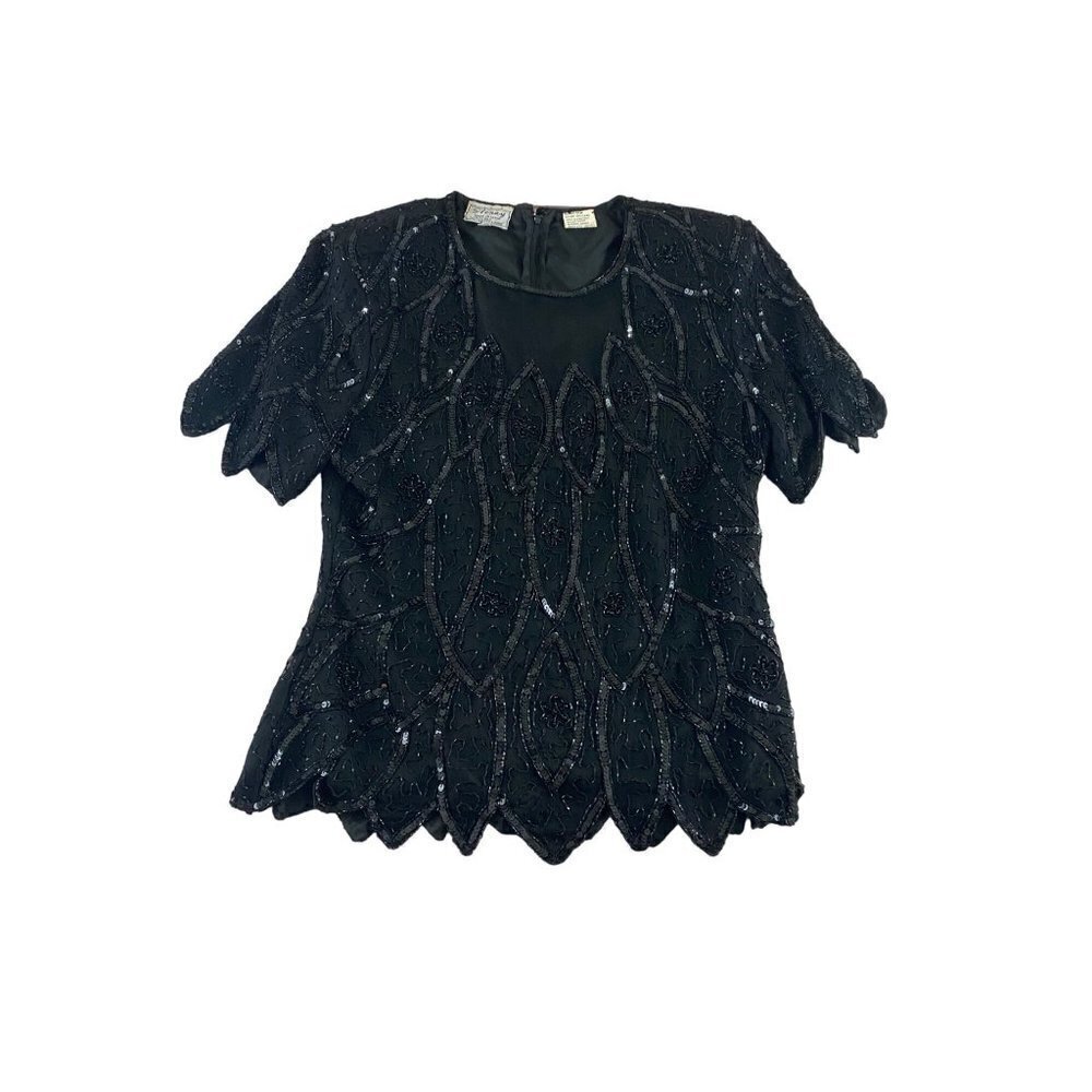 Vintage Stenay Women's Black Silk Sequin Top - Medium